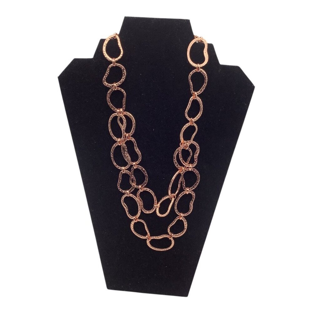 Chunky Rose‎ Gold Tone Double Strand Hammered Oval Link Statement Necklace Women